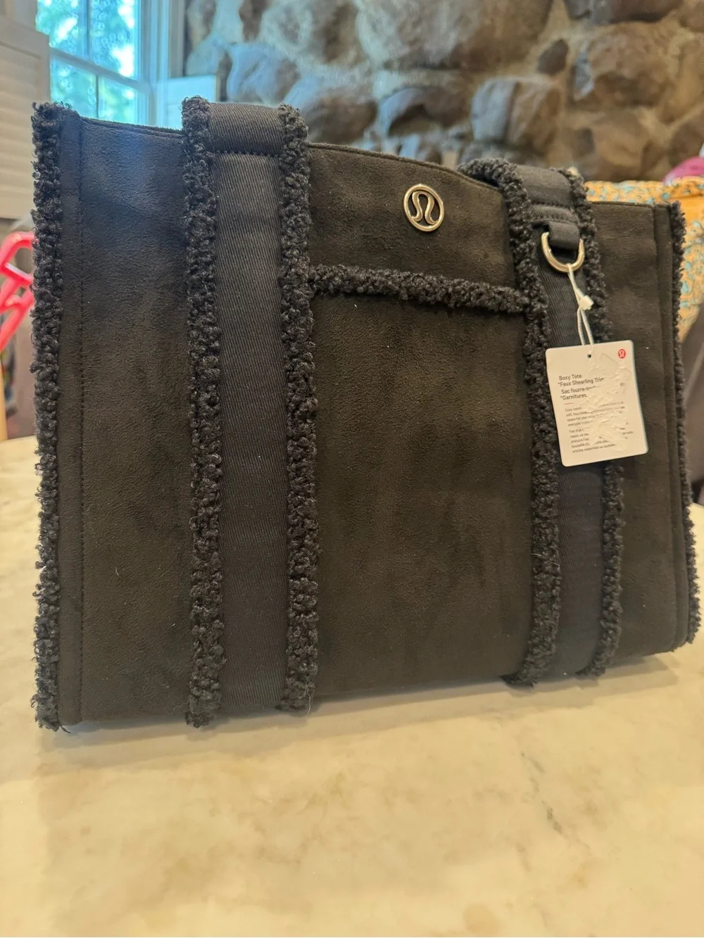 NWT Black Boxy Tote Bag 10L Faux Shearling Trim